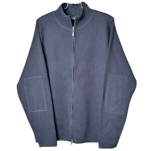 Merino Wool Preppy Mock Neck Full Zip Black Sweater Men Lg Elbow Patch Structure